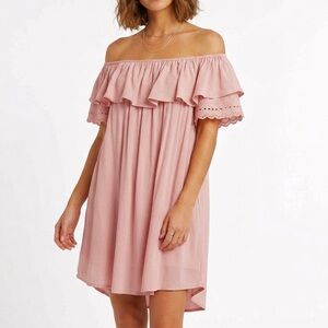 Pink Eyelet Ruffle Off-Shoulder Bohemian Tunic Shift Dress O/S MUCHE et MUCHETTE